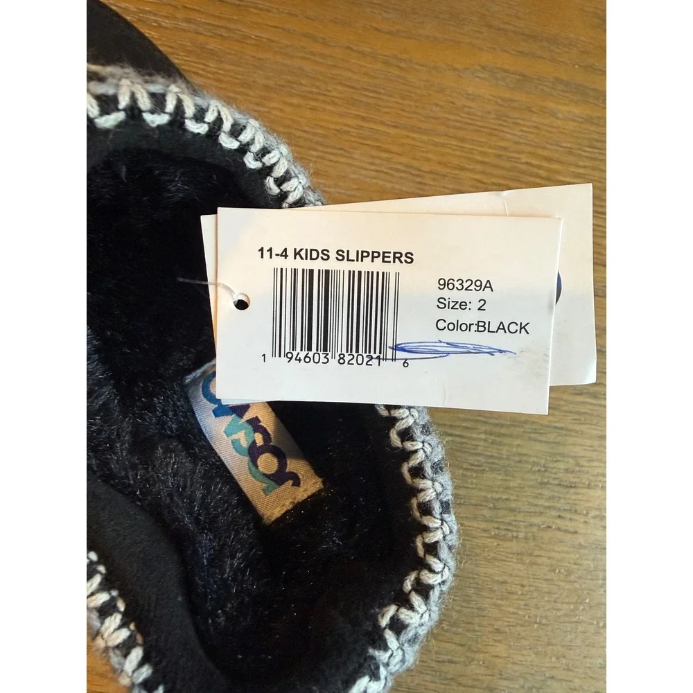 Josmo Kids Black Faux Suede Slippers Faux Fur Lined Whipstitch Trim Size 2 NEW